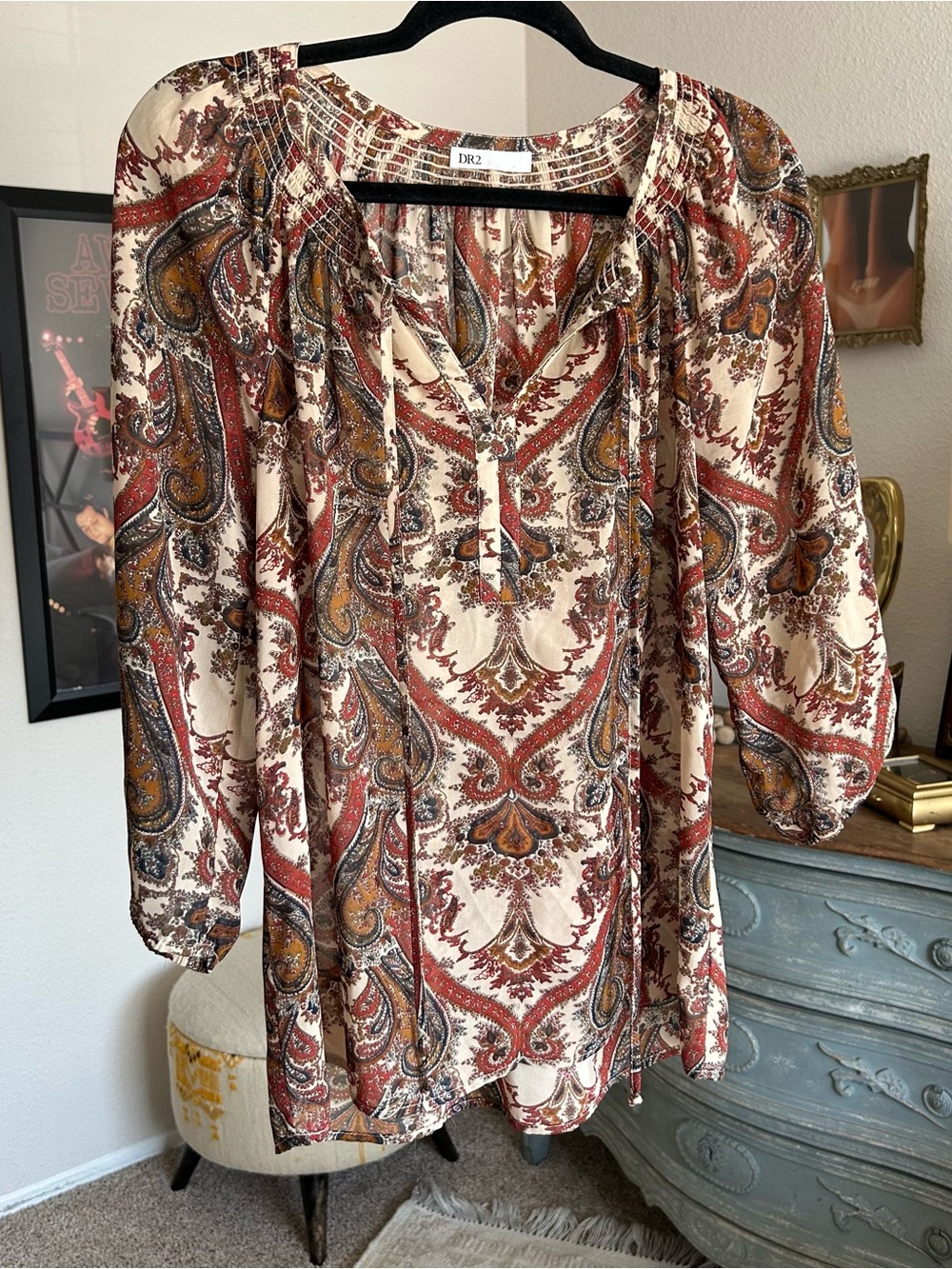 Cottagecore Peasant Blouse Womens Paisley Semi Sheer Tassels Boho 3/4 Sleeve Top